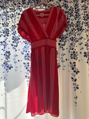 Anne Klein Red Striped V-Neck Midi Dress with Waistband
